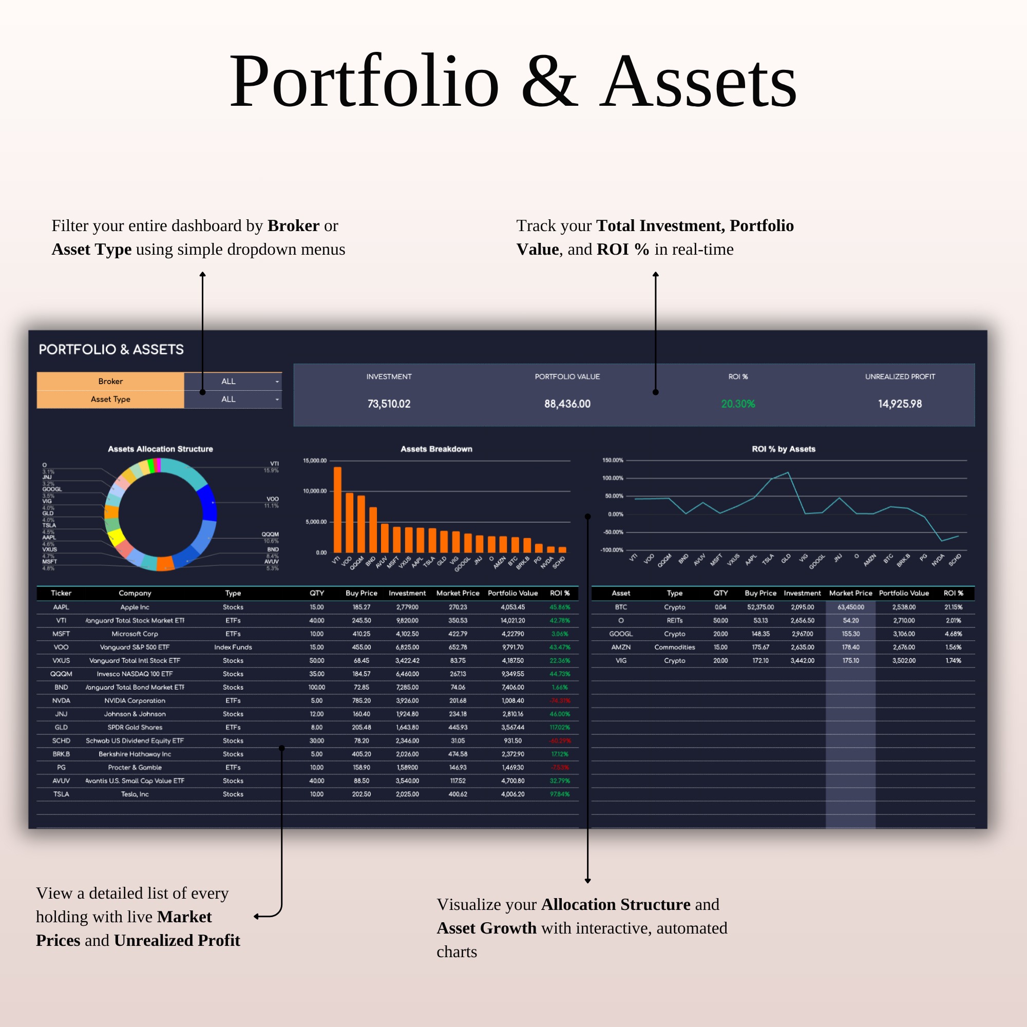 Retirement Portfolio Tracker Excel | Dark Mode Image 5