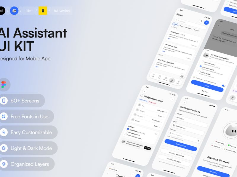 Nemo – AI Assistant Mobile UI Kit (Dark & Light) - Mobile design asset by UI8
