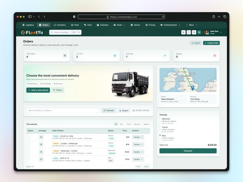 Fleetyu Horizontal Fleet Management Admin Dashboard (React + Tailwind)