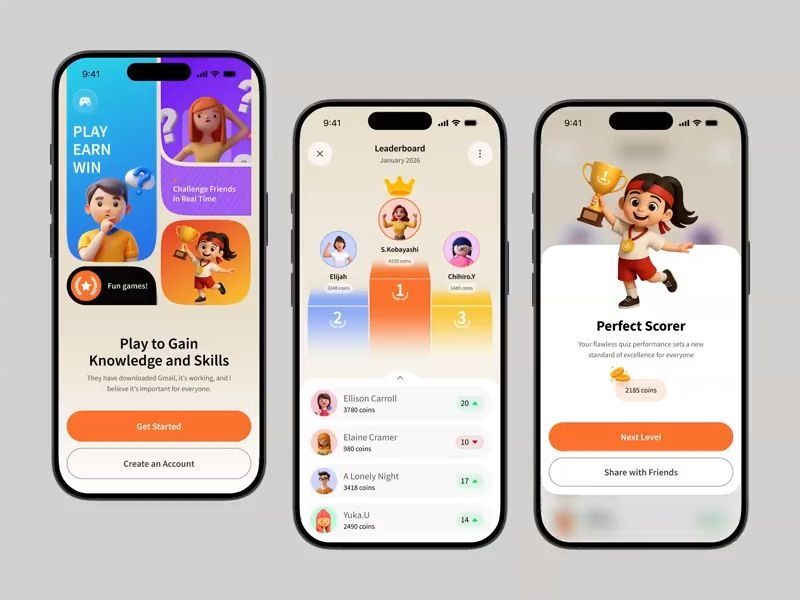 Gamified Quiz App UI Design | Educational Learning & Leaderboard