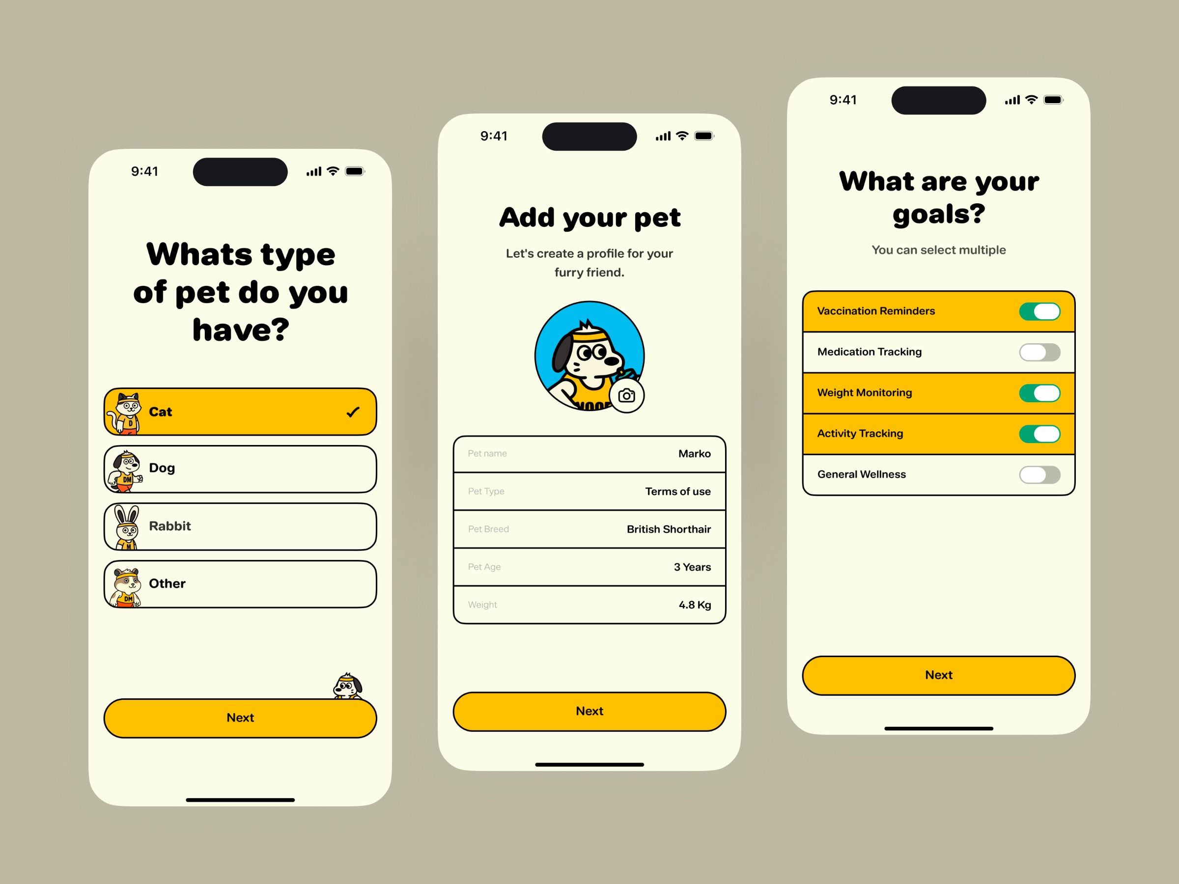 Pet Care App Profile Creation & Goals Onboarding UI