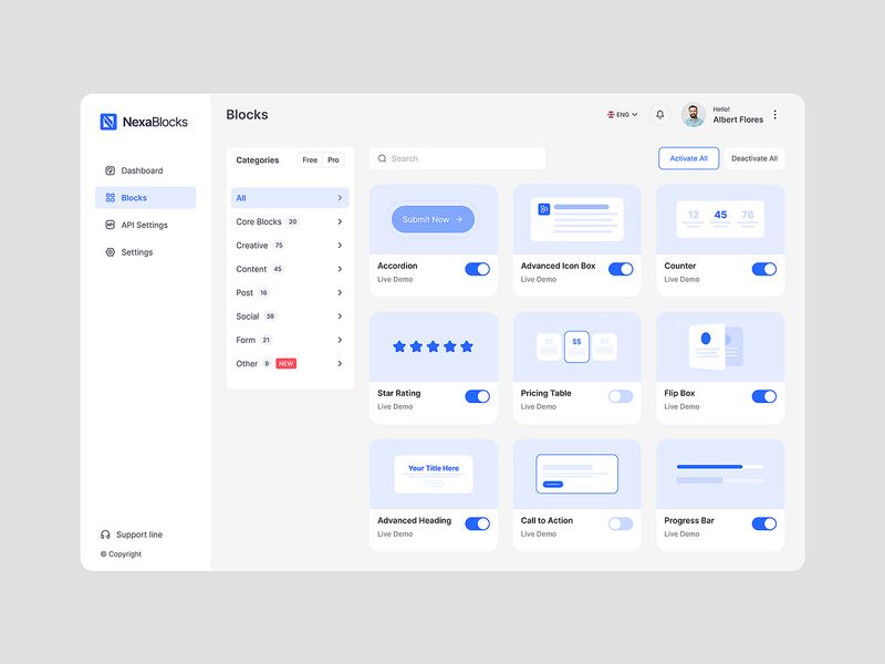 NexaBlocks Blocks Manager Gutenberg Block Control Dashboard