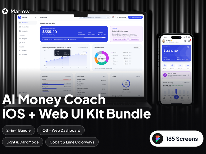 Marlow — AI Money Coach iOS + Dashboard UI Kit Bundle - Dashboard, Mobile design asset by ui8