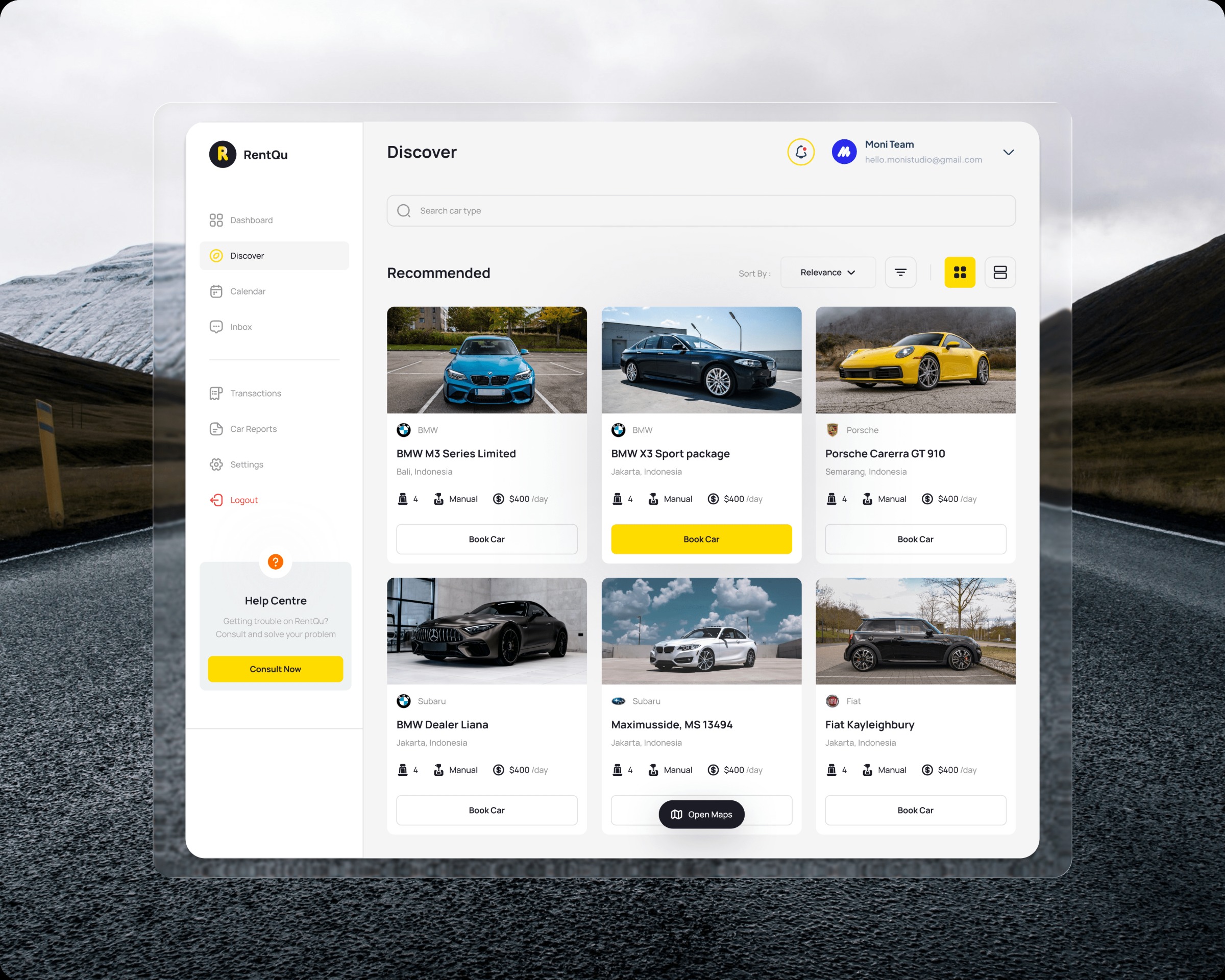 Rent Car Dashboard UI Kit Template - Discover Page